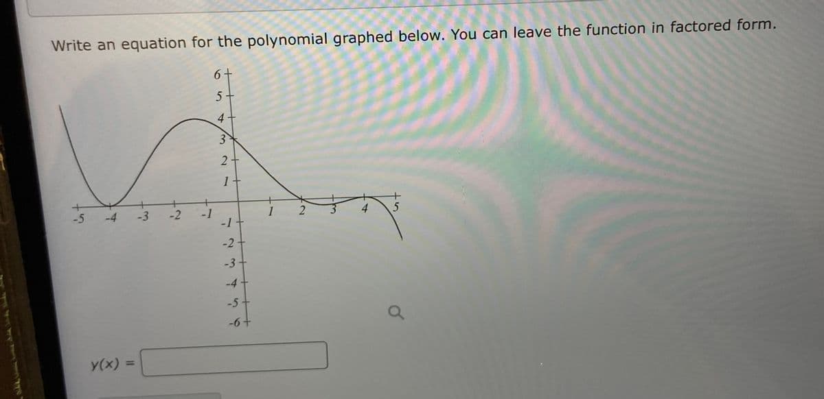 Write an equation for the polynomial graphed below. You can leave the function in factored form.
6+
5+
4+
3
2+
1+
4
-1
-1-
-5
-4
-3 -2
1
-2 -
-3+
-4
-5-
-6+
Y(x) =
%3D
