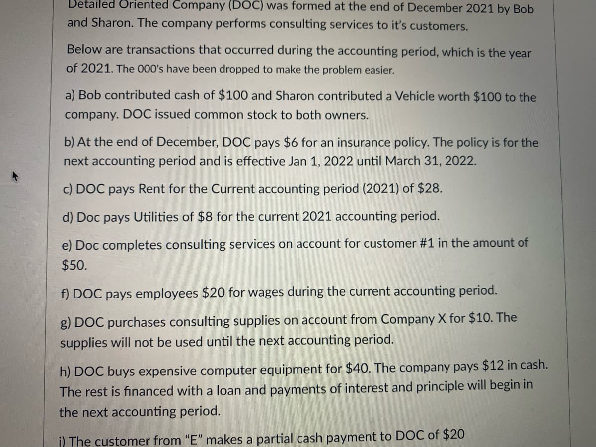 Detailed Oriented Company (DOC) was formed at the end of December 2021 by Bob
and Sharon. The company performs consulting services to it's customers.
Below are transactions that occurred during the accounting period, which is the year
of 2021. The 000's have been dropped to make the problem easier.
a) Bob contributed cash of $100 and Sharon contributed a Vehicle worth $100 to the
company. D OC issued common stock to both owners.
b) At the end of December, DOC pays $6 for an insurance policy. The policy is for the
next accounting period and is effective Jan 1, 2022 until March 31, 2022.
c) DOC pays Rent for the Current accounting period (2021) of $28.
d) Doc pays Utilities of $8 for the current 2021 accounting period.
e) Doc completes consulting services on account for customer #1 in the amount of
$50.
f) DOC pays employees $20 for wages during the current accounting period.
g) DOC purchases consulting supplies on account from Company X for $10. The
supplies will not be used until the next accounting period.
h) DOC buys expensive computer equipment for $40. The company pays $12 in cash.
The rest is financed with a loan and payments of interest and principle will begin in
the next accounting period.
i) The customer from "E" makes a partial cash payment to DOC of $20
