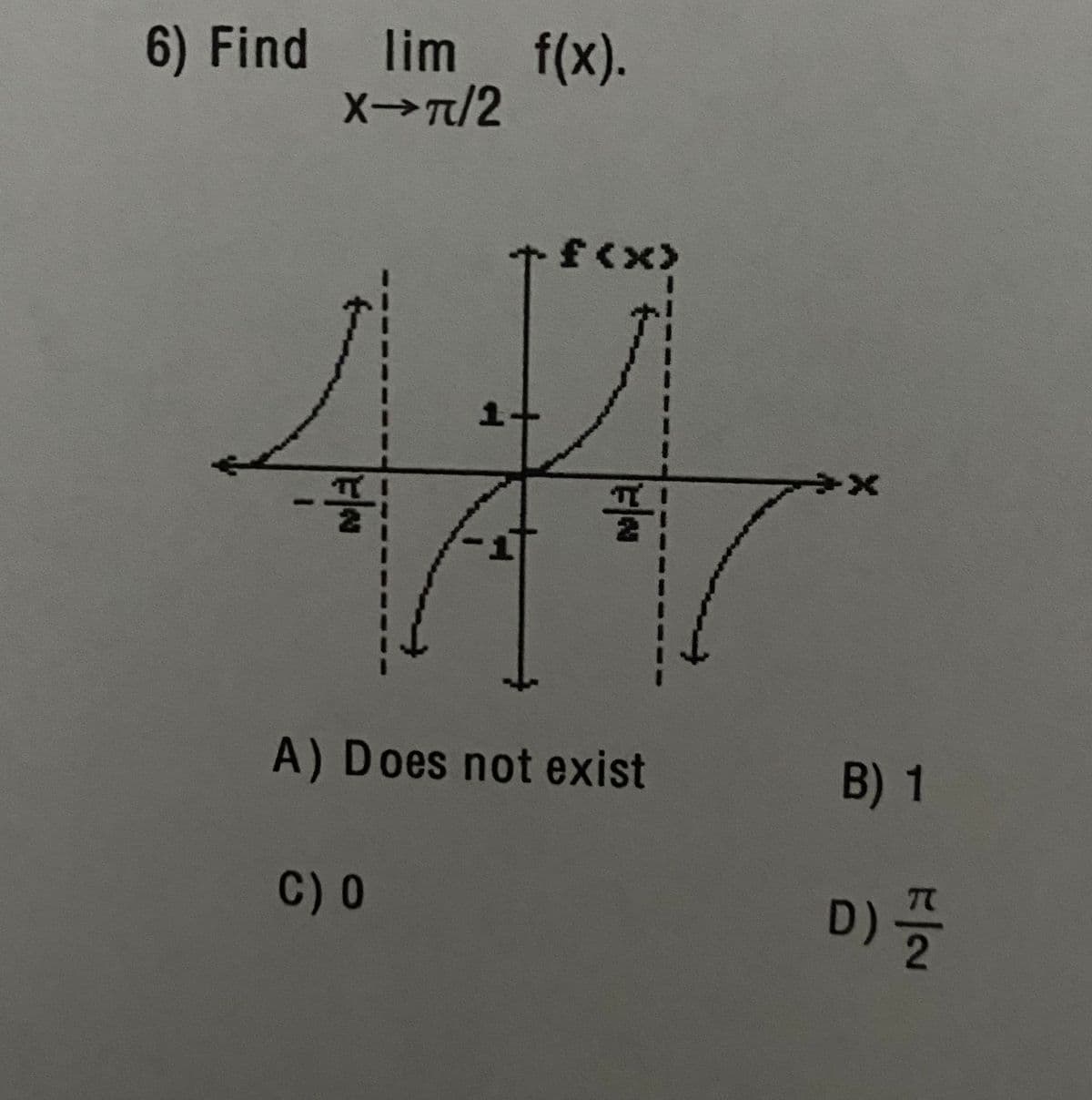 6) Find lim f(x).
X>T/2
f(x>
A) Does not exist
B) 1
C) 0
D)을
