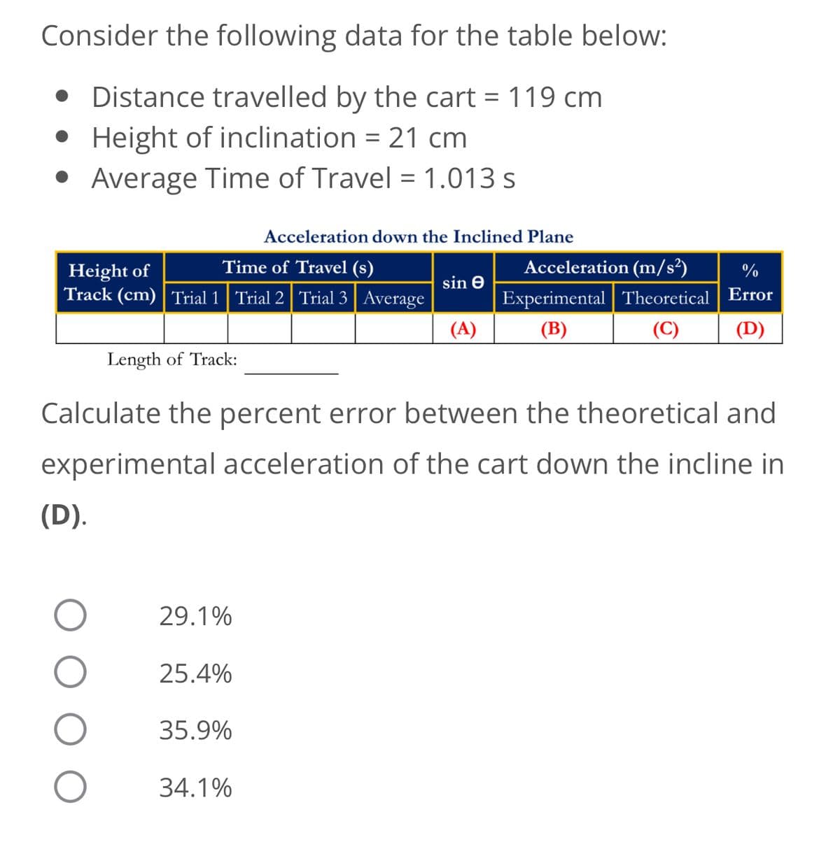 Consider the following data for the table below:
• Distance travelled by the cart = 119 cm
• Height of inclination = 21 cm
Average Time of Travel = 1.013 s
Acceleration down the Inclined Plane
Time of Travel (s)
Height of
Acceleration (m/s²)
%
sin Ꮎ
Track (cm) Trial 1 Trial 2 Trial 3 Average
Experimental Theoretical
Error
(A)
(B)
(D)
Length of Track:
Calculate the percent error between the theoretical and
experimental acceleration of the cart down the incline in
(D).
29.1%
25.4%
35.9%
34.1%