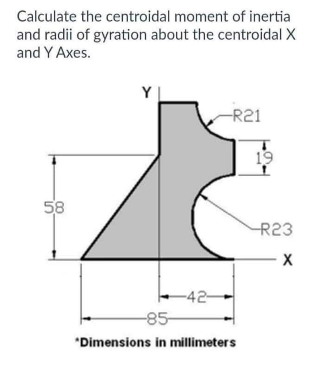 Calculate the centroidal moment of inertia
and radii of gyration about the centroidal X
and Y Axes.
58
Y
-42-
-R21
-85-
*Dimensions in millimeters
19
R23
X