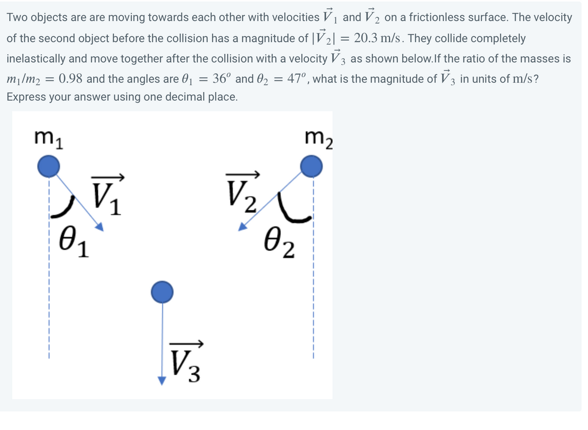 Two objects are are moving towards each other with velocities ₁ and ₂ on a frictionless surface. The velocity
1
2
of the second object before the collision has a magnitude of |V₂| = 20.3 m/s. They collide completely
inelastically and move together after the collision with a velocity V3 as shown below. If the ratio of the masses is
0.98 and the angles are 0₁ 36° and 02 = 47°, what is the magnitude of 3 in units of m/s?
Express your answer using one decimal place.
=
m₁/m2
=
m₁
m₂
V₂
1^
0₁
V3
0₂