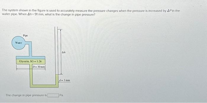 The system shown in the figure is used to accurately measure the pressure changes when the pressure is increased by AP in the
water pipe. When Ah=91 mm, what is the change in pipe pressure?
Water
Pipe
Glycerin, SG-1.26
D-30mm
The change in pipe pressure is
Ak
d-3mm
Pa
