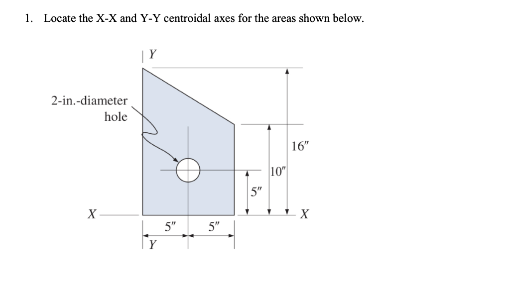 1. Locate the X-X and Y-Y centroidal axes for the areas shown below.
2-in.-diameter
X
hole
Y
5"
5"
A
5"
10"
16"
X