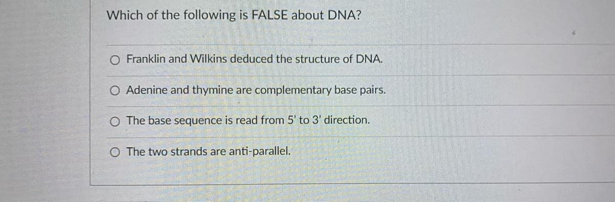 Which of the following is FALSE about DNA?
O Franklin and Wilkins deduced the structure of DNA.
Adenine and thymine are complementary base pairs.
O The base sequence is read from 5' to 3' direction.
O The two strands are anti-parallel.
