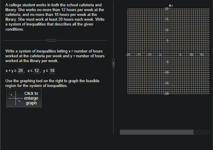 A college student works in both the school cafeteria and
library. She works no more than 12 hours per week at the
cafeteria, and no more than 18 hours per week at the
library. She must work at least 20 hours each week. Write
a system of inequalities that describes all the given
conditions.
Write a system of inequalities letting x = number of hours
worked at the cafeteria per week and y = number of hours
worked at the library per week.
x+y² 20, x≤ 12, y≤ 18
Use the graphing tool on the right to graph the feasible
region for the system of inequalities.
Click to
enlarge
graph
2