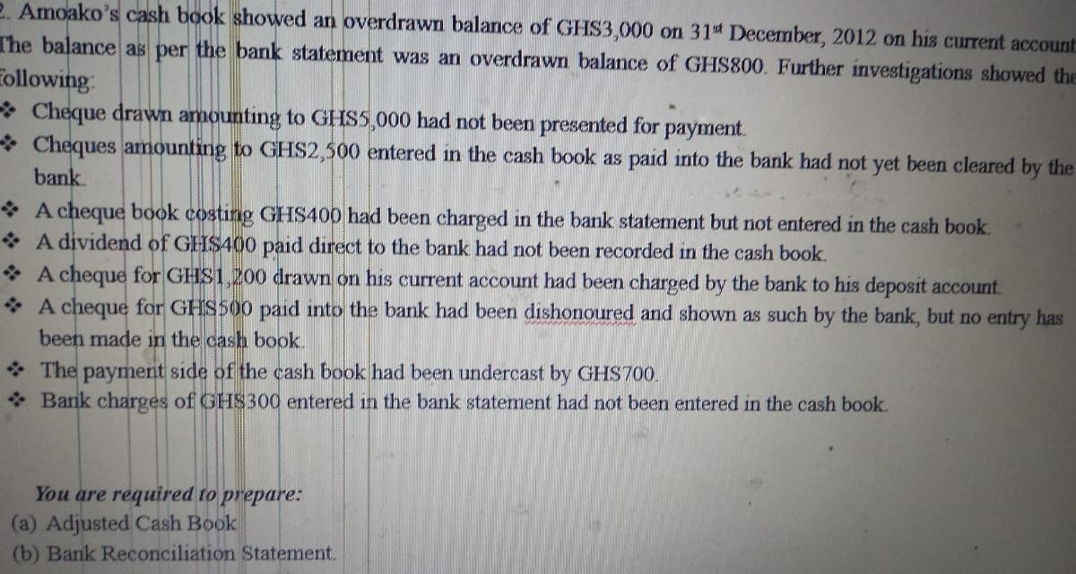 2. Amoako's cash book showed an overdrawn balance of GHS3,000 on 31 December, 2012 on his current account
The balance as per the bank statement was an overdrawn balance of GHS800. Further investigations showed the
Following:
Cheque drawn amounting to GHS5,000 had not been presented for payment.
Cheques amounting to GHS2,500 entered in the cash book as paid into the bank had not yet been cleared by the
bank
A cheque book costing GHS400 had been charged in the bank statement but not entered in the cash book.
A dividend of GHS400 paid direct to the bank had not been recorded in the cash book.
A cheque for GHS1,200 drawn on his current account had been charged by the bank to his deposit account.
A cheque for GHS500 paid into the bank had been dishonoured and shown as such by the bank, but no entry has
been made in the cash book.
The payment side of the cash book had been undercast by GHS700.
Bank charges of GHS300 entered in the bank statement had not been entered in the cash book.
You are required to prepare:
(a) Adjusted Cash Book
(b) Bank Reconciliation Statement.