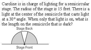 Caroline is in charge of lighting for a semicircular
stage. The radius of the stage is 15 feet. There is a
light at the center of the semicircle that casts light
at a 30° angle. When only that light is on, what is
the length on the semicircle that is dark?
Stage Back
Stage Front
