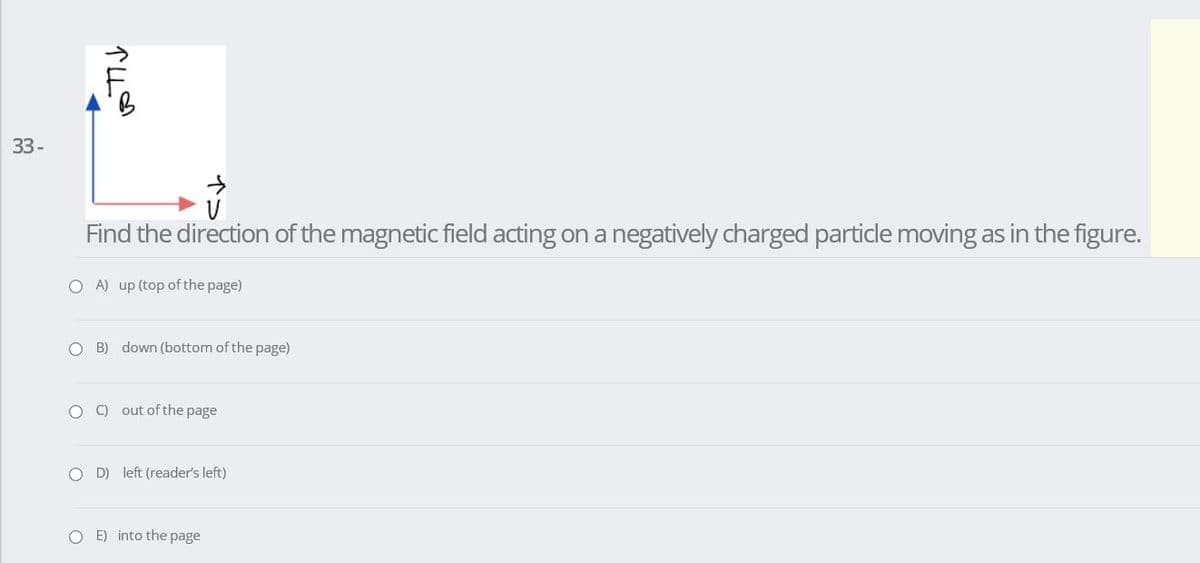 33-
Find the direction of the magnetic field acting on a negatively charged particle moving as in the figure.
O A) up (top of the page)
O B) down (bottom of the page)
O ) out of the page
O D) left (reader's left)
O E) into the page

