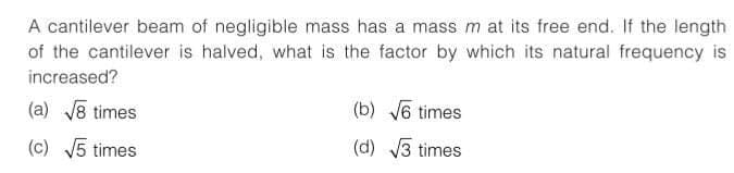 A cantilever beam of negligible mass has a mass m at its free end. If the length
of the cantilever is halved, what is the factor by which its natural frequency is
increased?
(a) √8 times
(c) √5 times
(b) √6 times
(d) √3 times