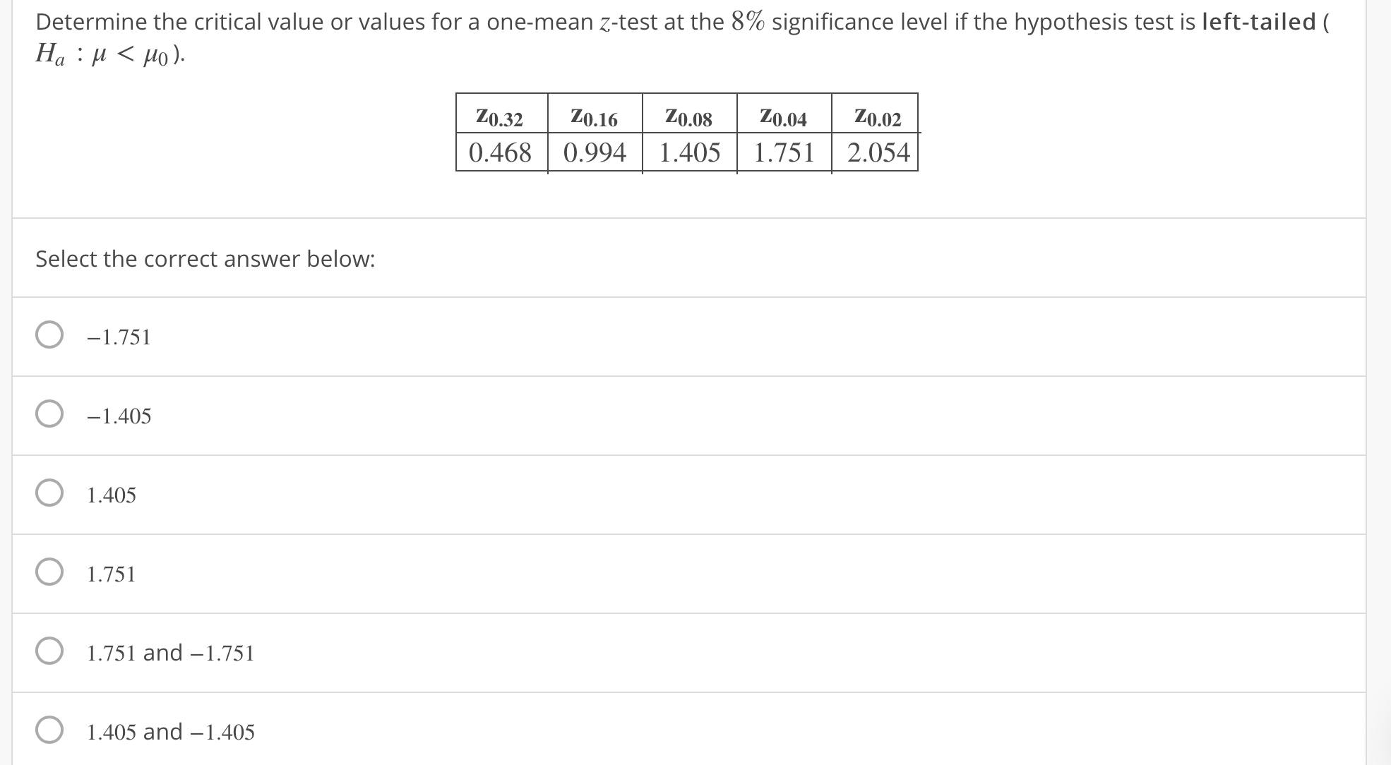 Determine the critical value or values for a one-mean z-test at the 8% significance level if the hypothesis test is left-tailed (
0.32 0.16 .8 0.040.02
0.468 0.994| 1.405 1.7512.054
Select the correct answer below:
O-1.751
O -1.405
O 1.405
O1.751
O 1.751 and -1.751
O
1.405 and -1.405
