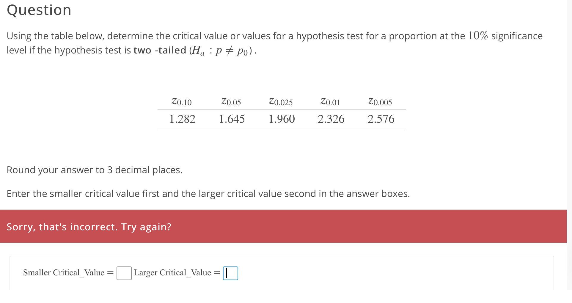 Question
Using the table below, determine the critical value or values for a hypothesis test for a proportion at the 10% significance
level if the hypothesis test is two-tailed (Ha : p * Po).
Z0.10
10
Zo.05
Z0.025
Z0.01
Z0.005
1.282 1.645 1.960 2.326 2.576
Round your answer to 3 decimal places.
Enter the smaller critical value first and the larger critical value second in the answer boxes.
Sorry, that's incorrect. Try again?
Smaller Critical-value = □
Larger Critical_Value
= D
