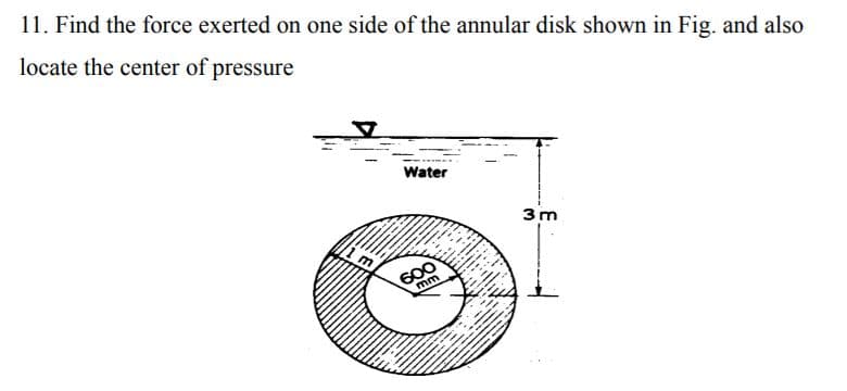 11. Find the force exerted on one side of the annular disk shown in Fig. and also
locate the center of pressure
Water
3m
600
mm
