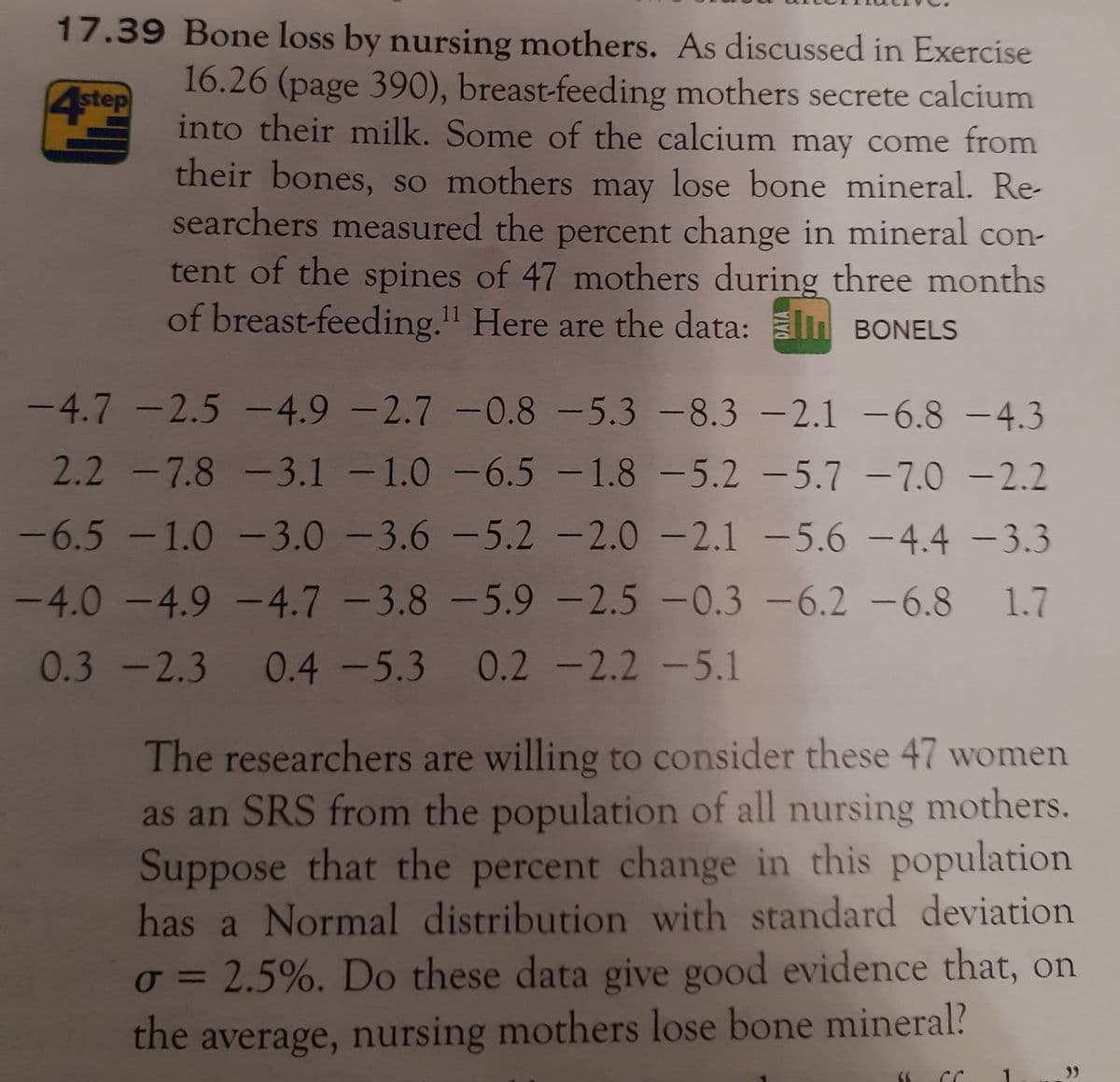 17.39 Bone loss by nursing mothers. As discussed in Exercise
16.26 (page 390), breast-feeding mothers secrete calcium
into their milk. Some of the calcium may come from
4step
their bones, so mothers may lose bone mineral. Re-
searchers measured the percent change in mineral con-
tent of the spines of 47 mothers during three months
of breast-feeding." Here are the data: M BONELS
11
-4.7 -2.5-4.9 -2.7 -0.8 -5.3 -8.3 -2.1 -6.8 -4.3
2.2--7.8-3.1 -1.0 -6.5 -1.8 -5.2 -5.7 -7.0 -2.2
|
-6.5-1.0-3.0-3.6 -5.2 -2.0 -2.1 -5.6 -4.4 -3.3
|
-4.0-4.9 -4.7 -3.8 -5.9 -2.5 -0.3-6.2 -6.8
1.7
0.3-2.3 0.4 -5.3 0.2 -2.2 -5.1
The researchers are willing to consider these 47 women
as an SRS from the population of all nursing mothers.
Suppose that the percent change in this population
has a Normal distribution with standard deviation
o = 2.5%. Do these data give good evidence that, on
%3D
the
average, nursing mothers lose bone mineral?
>>
