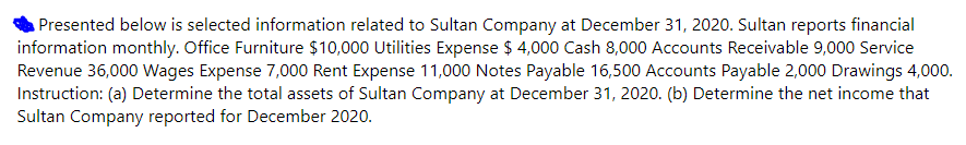 Presented below is selected information related to Sultan Company at December 31, 2020. Sultan reports financial
information monthly. Office Furniture $10,000 Utilities Expense $ 4,000 Cash 8,000 Accounts Receivable 9,000 Service
Revenue 36,000 Wages Expense 7,000 Rent Expense 11,000 Notes Payable 16,500 Accounts Payable 2,000 Drawings 4,000.
Instruction: (a) Determine the total assets of Sultan Company at December 31, 2020. (b) Determine the net income that
Sultan Company reported for December 2020.
