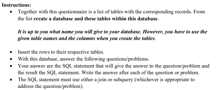 Instructions:
• Together with this questionnaire is a list of tables with the corresponding records. From
the list create a database and these tables within this database.
It is up to you what name you will give to your database. However, you have to use the
given table names and the columns when you create the tables.
Insert the rows to their respective tables.
• With this database, answer the following questions/problems.
Your answer are the SQL statement that will give the answer to the question/problem and
the result the SQL statement. Write the answer after each of the question or problem.
• The SQL statement must use either a join or subquery (whichever is appropriate to
address the question/problem).
