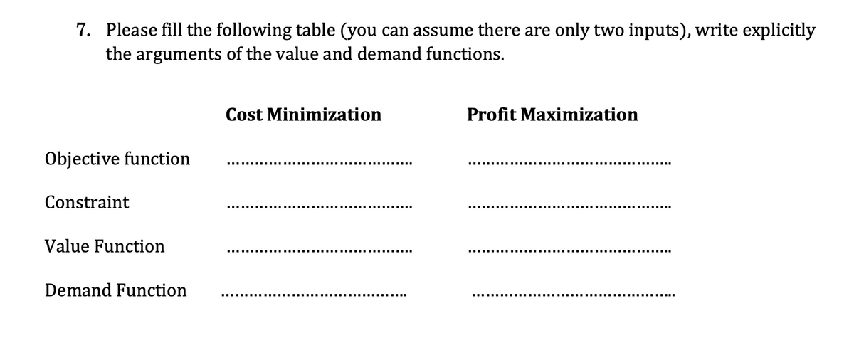 7. Please fill the following table (you can assume there are only two inputs), write explicitly
the arguments of the value and demand functions.
Objective function
Constraint
Value Function
Demand Function
Cost Minimization
Profit Maximization
