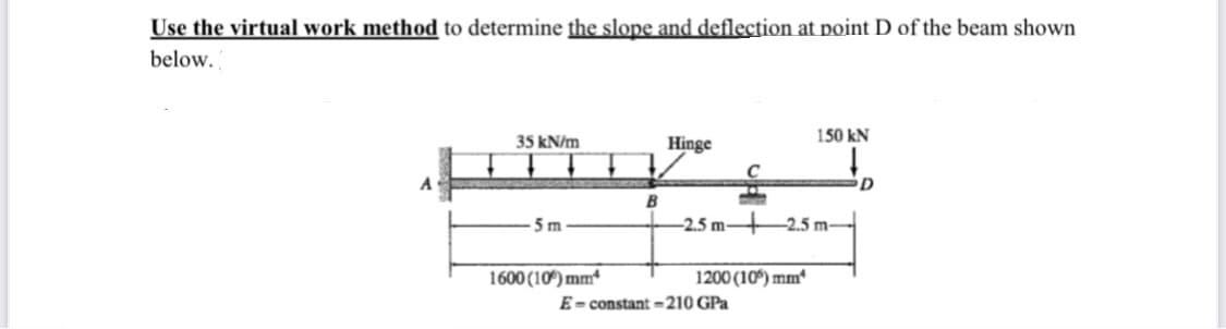 Use the virtual work method to determine the slope and deflection at point D of the beam shown
below.
35 kN/m
Hinge
150 kN
D
B
5 m
-2.5 m
-2.5 m-
1600 (10°) mm*
1200 (10°) mm*
E- constant =210 GPa
