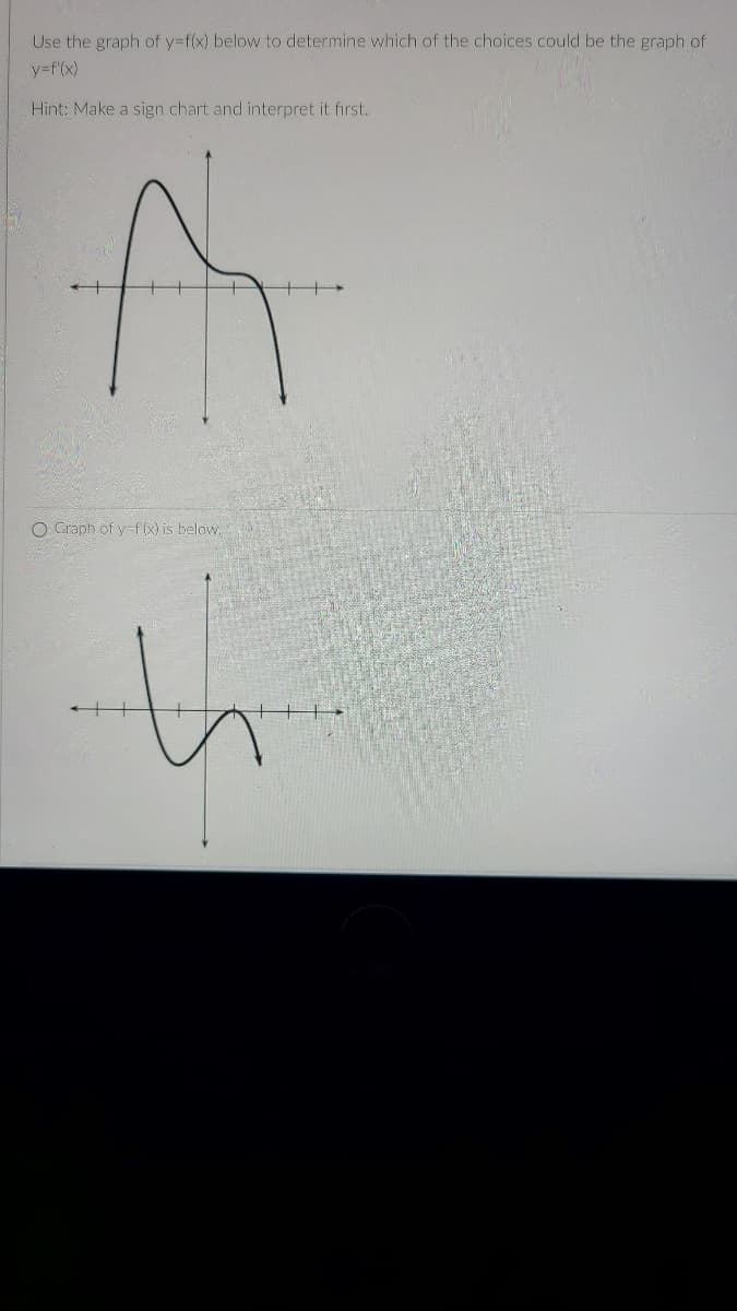 Use the graph of y=f(x) below to determine which of the choices could be the graph of
y=f'(x)
Hint: Make a sign chart and interpret it first.
O Graph of y-f (x) is below,
