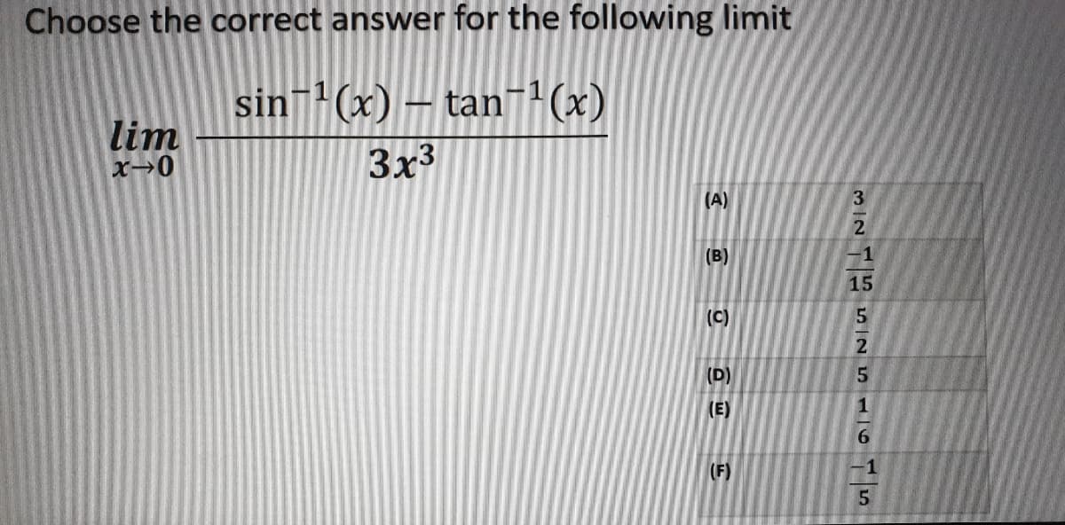 Choose the correct answer for the following limit
sin(x) – tan- (x)
lim
x→0
3x3
(A)
3
2
(B)
-1
15
(C)
(D)
(E)
1
6.
(F)
