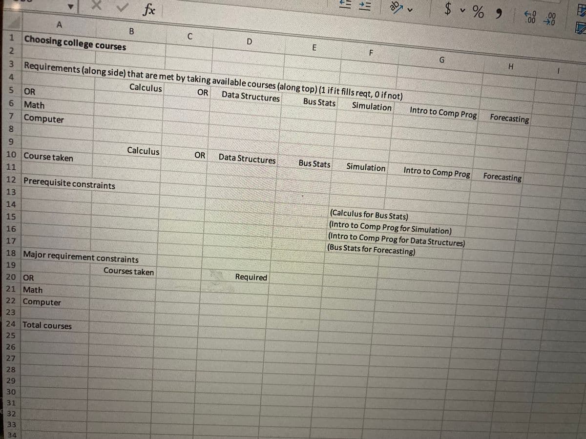 1
455 WNH
2
6
89 1012
A
OR
Math
7 Computer
Choosing college courses
33
34
X
10 Course taken
✓ fx
B
3 Requirements (along side) that are met by taking available courses (along top) (1 if it fills reqt, 0 if not)
Calculus
OR
Data Structures
Bus Stats
Simulation
Calculus
12 Prerequisite constraints
13
14
15
16
17
18 Major requirement constraints
19
20 OR
21 Math
22 Computer
23
24 Total courses
25
26
27
28
29
30
31
€32
C
Courses taken
D
OR Data Structures
E
Required
!!!
Bus Stats
IM
F
81
Simulation
V
G
$ % 9
Intro to Comp Prog
Intro to Comp Prog
(Calculus for Bus Stats)
(Intro to Comp Prog for Simulation)
(Intro to Comp Prog for Data Structures)
(Bus Stats for Forecasting)
H
-0
.00
Forecasting
Forecasting
.00
0
1