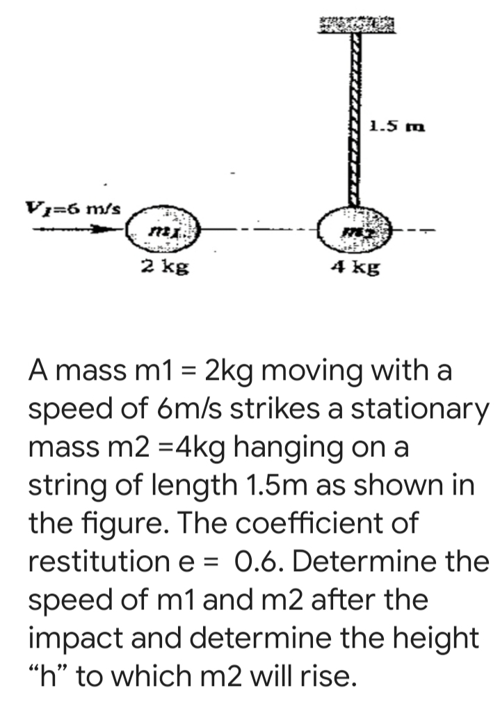 1.5 m
V1=6 m/s
2 kg
4 kg
A mass m1 = 2kg moving with a
speed of 6m/s strikes a stationary
mass m2 =4kg hanging on a
string of length 1.5m as shown in
the figure. The coefficient of
restitution e = 0.6. Determine the
speed of m1 and m2 after the
impact and determine the height
"h" to which m2 will rise.
