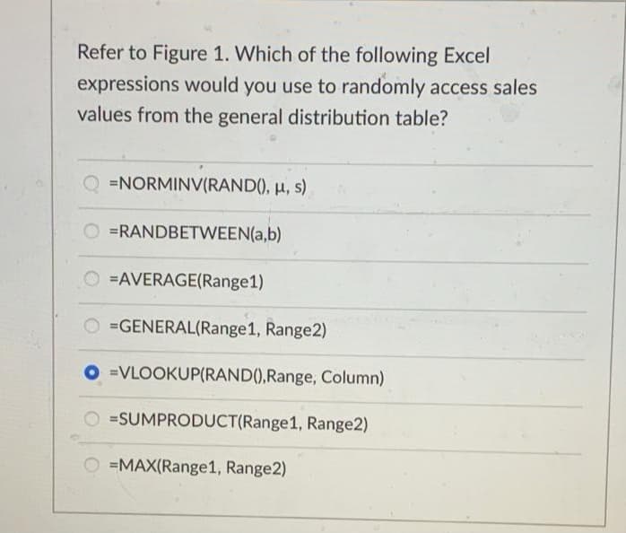 Refer to Figure 1. Which of the following Excel
expressions would you use to randomly access sales
values from the general distribution table?
Q =NORMINV(RAND(), µ, s)
=RANDBETWEEN(a,b)
O =AVERAGE(Range1)
O =GENERAL(Range1, Range2)
=VLOOKUP(RAND(0,Range, Column)
=SUMPRODUCT(Range1, Range2)
O =MAX(Range1, Range2)
