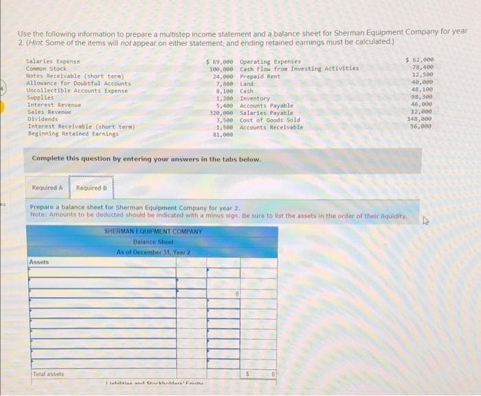 Use the following information to prepare a multistep income statement and a balance sheet for Sherman Equipment Company for year
2. (Hint Some of the items will not appear on either statement, and ending retained earnings must be calculated.)
Salaries Expense
Common Stock
Notes Receivable (short term)
Allowance for Doubtful Accounts
Uncollectible Accounts Expense
Supplies
Interest Revenue
Sales Revenue
Dividends
Interest Receivable (short term)
Beginning Retained Earnings
Assets
Complete this question by entering your answers in the tabs below.
Total assets
$ 69,000 Operating Expenses
100,000 Cash Flow from Investing Activities
24,000 Prepaid Rent
7,800 Land
SHERMAN EQUIPMENT COMPANY
Balance Sheet
As of December 31, Year 2
8,100 Cash.
1,200 Inventory
5,400 Accounts Payable
Salaries Payable
Cost of Goods Sold
Listilities and Storkholdere Fanitu
320,000
3,500
1,500 Accounts Receivable
81,000
Required A Required B
Prepare a balance sheet for Sherman Equipment Company for year 2.
Note: Amounts to be deducted should be indicated with a minus sign. Be sure to list the assets in the order of their liquidity.
0
$ 62,000
78,400
12,500
40,000
48,100
98,300
46,000
$
12,000
148,000
56,000
4