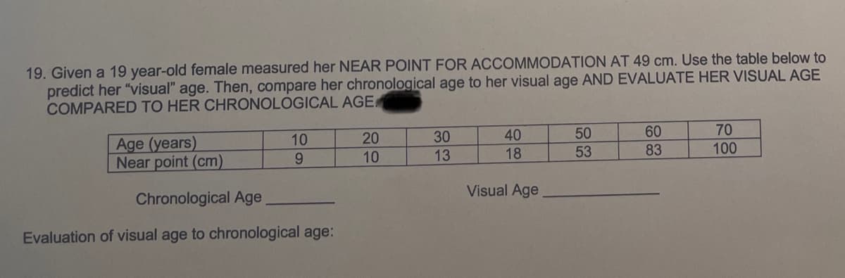 19. Given a 19 year-old female measured her NEAR POINT FOR ACCOMMODATION AT 49 cm. Use the table below to
predict her "visual" age. Then, compare her chronological age to her visual age AND EVALUATE HER VISUAL AGE
COMPARED TO HER CHRONOLOGICAL AGE
Age (years)
Near point (cm)
10
9
Chronological Age
Evaluation of visual age to chronological age:
20
10
30
13
40
18
Visual Age
50
53
60
83
70
100