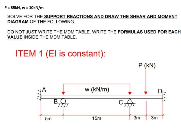 P= 35KN, w = 10KN/m
SOLVE FOR THE SUPPORT REACTIONS AND DRAW THE SHEAR AND MOMENT
DIAGRAM OF THE FOLLOWING.
DO NOT JUST WRITE THE MDM TABLE. WRITE THE FORMULAS USED FOR EACH
VALUE INSIDE THE MDM TABLE.
ITEM 1 (El is constant):
P (kN)
A
w (kN/m)
BO
5m
15m
3m
3m
