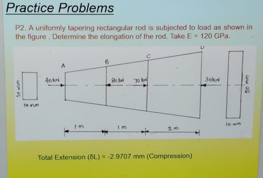 Practice Problems
P2. A uniformly tapering rectangular rod is subjected to load as shown in
the figure. Determine the elongation'of the rod. Take E = 120 GPa.
6
40 kN
80 kN
70 kN
3okN
to mm
lo mm
2m
Total Extension (OL) = -2.9707 mm (Compression)
%3D
ww og
