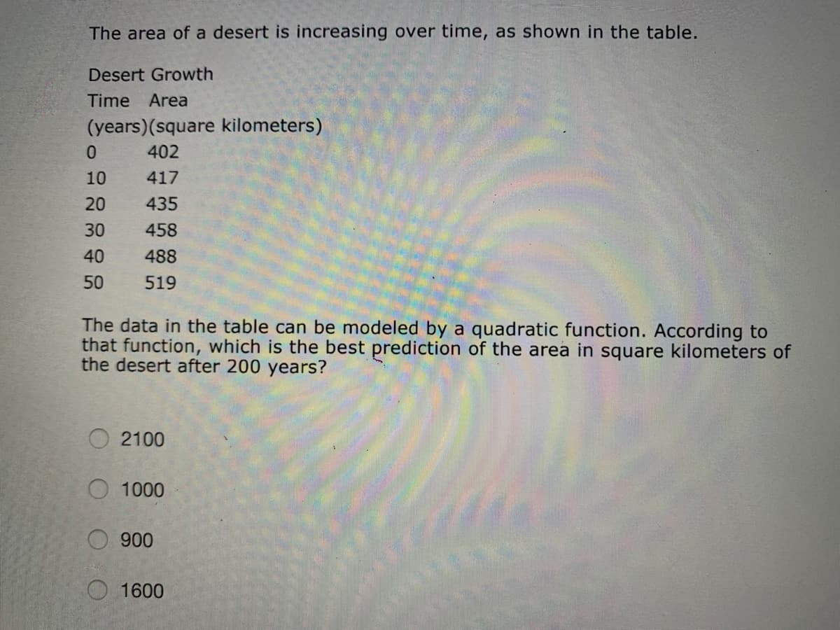The area of a desert is increasing over time, as shown in the table.
Desert Growth
Time Area
(years)(square kilometers)
402
10
417
20
435
30
458
40
488
50
519
The data in the table can be modeled by a quadratic function. According to
that function, which is the best prediction of the area in square kilometers of
the desert after 200 years?
O 2100
O 1000
O 900
O 1600
