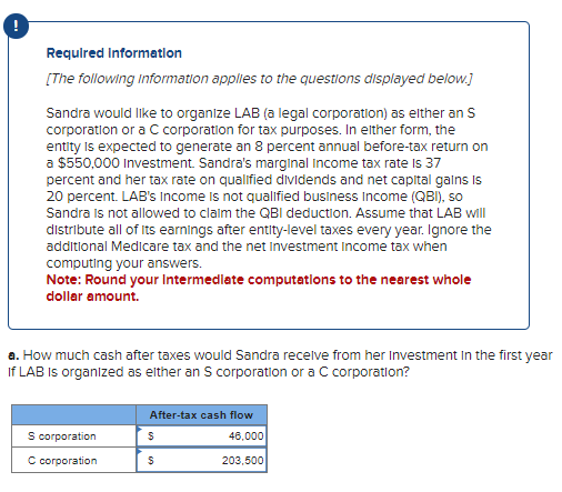 Required Information
[The following information applies to the questions displayed below.]
Sandra would like to organize LAB (a legal corporation) as either an S
corporation or a C corporation for tax purposes. In elther form, the
entity is expected to generate an 8 percent annual before-tax return on
a $550,000 Investment. Sandra's marginal income tax rate is 37
percent and her tax rate on qualified dividends and net capital gains is
20 percent. LAB's income is not qualified business Income (QBI), so
Sandra is not allowed to claim the QBI deduction. Assume that LAB will
distribute all of its earnings after entity-level taxes every year. Ignore the
additional Medicare tax and the net Investment Income tax when
computing your answers.
Note: Round your Intermediate computations to the nearest whole
dollar amount.
a. How much cash after taxes would Sandra receive from her Investment in the first year
If LAB is organized as either an S corporation or a C corporation?
S corporation
C corporation
After-tax cash flow
46,000
203,500
$
$