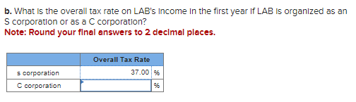 b. What is the overall tax rate on LAB's income in the first year if LAB is organized as an
S corporation or as a C corporation?
Note: Round your final answers to 2 decimal places.
s corporation
C corporation
Overall Tax Rate
37.00 %
%6