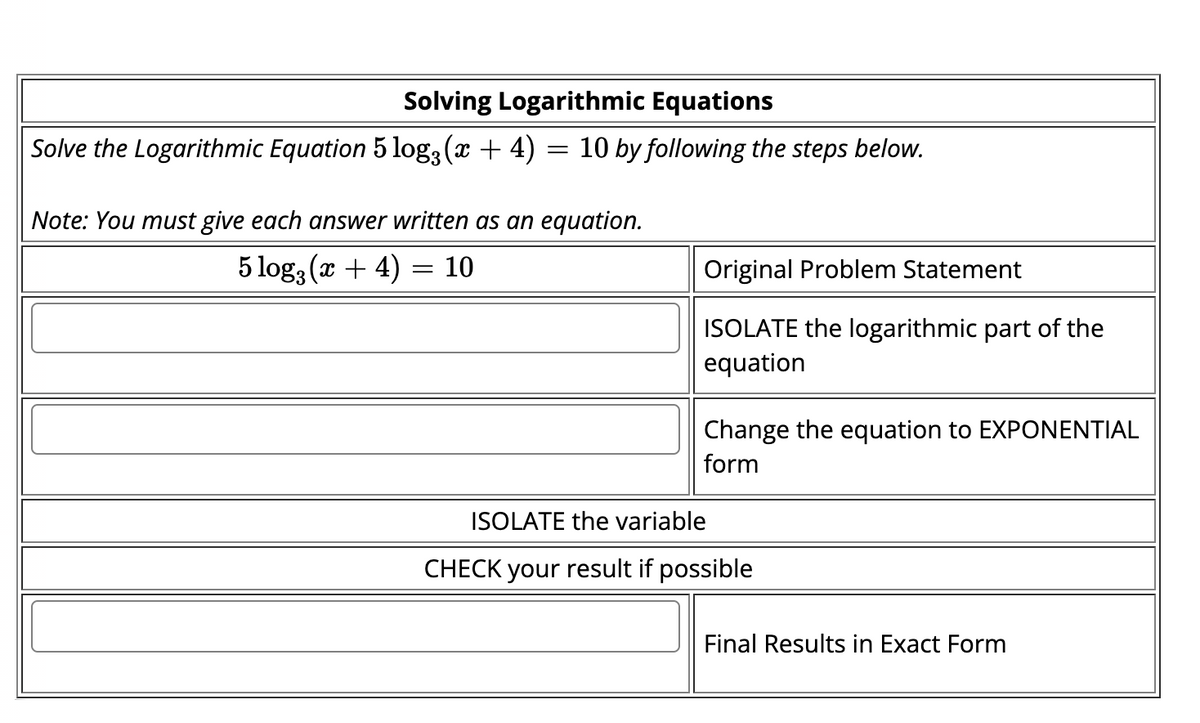 Solving Logarithmic Equations
Solve the Logarithmic Equation 5 log3 (x + 4) = 10 by following the steps below.
Note: You must give each answer written as an equation.
5 log, (x + 4) = 10
Original Problem Statement
ISOLATE the logarithmic part of the
equation
Change the equation to EXPONENTIAL
form
ISOLATE the variable
CHECK your result if possible
Final Results in Exact Form
