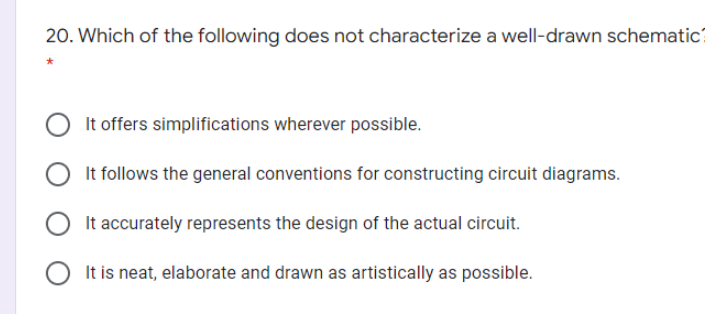 20. Which of the following does not characterize a well-drawn schematic?
It offers simplifications wherever possible.
O It follows the general conventions for constructing circuit diagrams.
O It accurately represents the design of the actual circuit.
It is neat, elaborate and drawn as artistically as possible.

