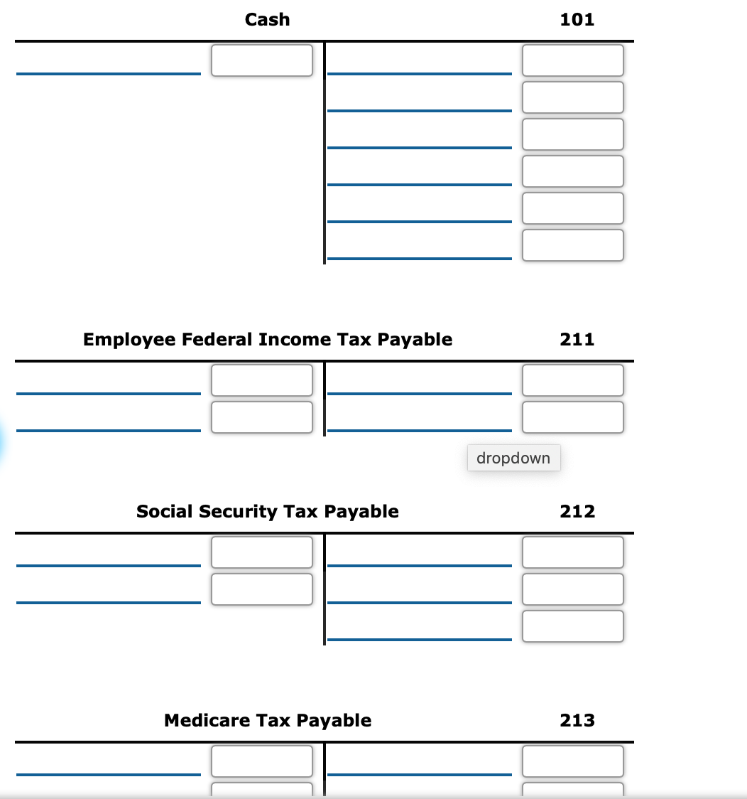 Cash
101
Employee Federal Income Tax Payable
211
dropdown
Social Security Tax Payable
212
Medicare Tax Payable
213
