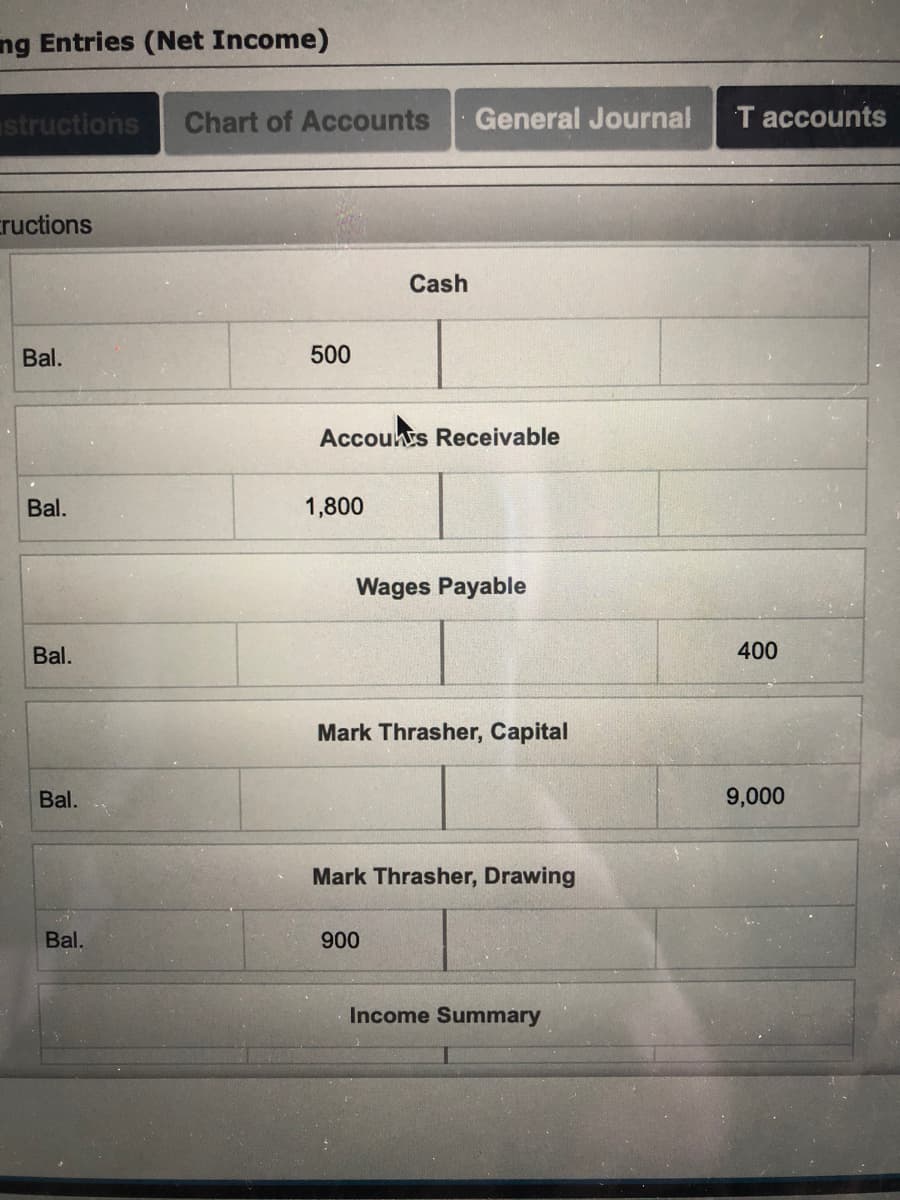 ng Entries (Net Income)
structions
Chart of Accounts
General Journal
T accounts
cructions
Cash
Bal.
500
Accouhts Receivable
Bal.
1,800
Wages Payable
Bal.
400
Mark Thrasher, Capital
Bal.
9,000
Mark Thrasher, Drawing
Bal.
900
Income Summary
