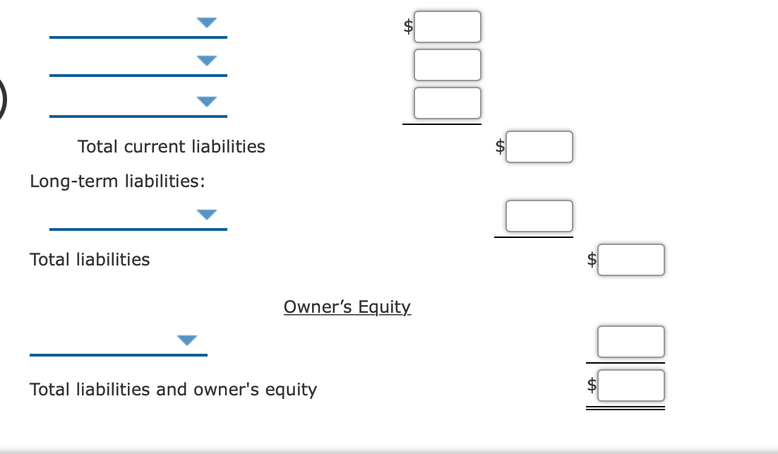 Total current liabilities
Long-term liabilities:
Total liabilities
Owner's Equity
Total liabilities and owner's equity
