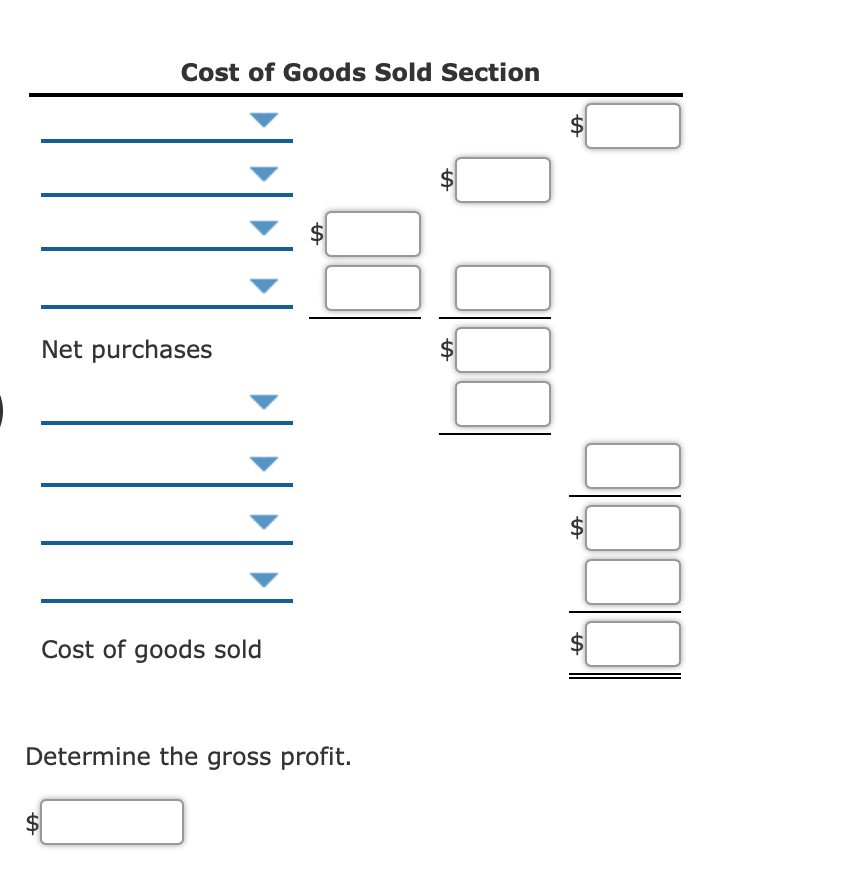 Cost of Goods Sold Section
$
Net purchases
$
Cost of goods sold
Determine the gross profit.
%24
%24
%24
%24
%24
