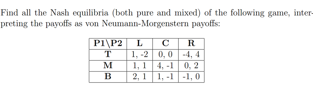 Find all the Nash equilibria (both pure and mixed) of the following game, inter-
preting the payoffs as von Neumann-Morgenstern payoffs:
P1 P2
T
M
B
L
1, -2
1, 1
2, 1
C
Ꭱ
0, 0-4, 4
4, -1
0, 2
1, -1
-1, 0