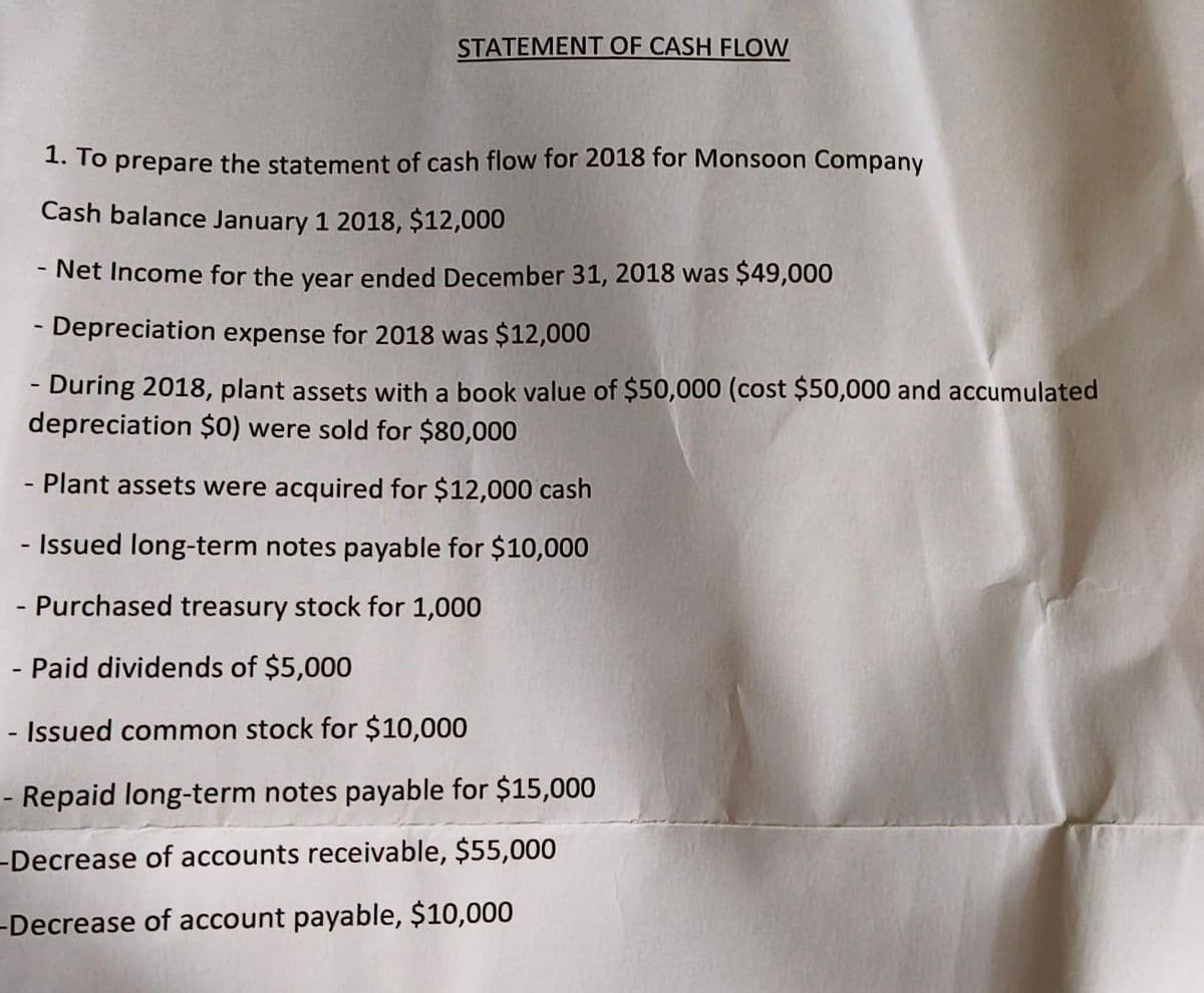 STATEMENT OF CASH FLOW
1. To prepare the statement of cash flow for 2018 for Monsoon Company
Cash balance January 1 2018, $12,000
Net Income for the year ended December 31, 2018 was $49,000
- Depreciation expense for 2018 was $12,000
- During 2018, plant assets with a book value of $50,000 (cost $50,000 and accumulated
epreciation $0) were sold for $80,000
- Plant assets were acquired for $12,000 cash
- Issued long-term notes payable for $10,000
- Purchased treasury stock for 1,000
- Paid dividends of $5,000
- Issued common stock for $10,000
- Repaid long-term notes payable for $15,000
-Decrease of accounts receivable, $55,000
-Decrease of account payable, $10,000
-