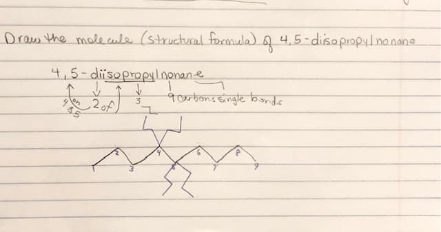 Draw the mole cule (structural formula)
of
2
4,5-disopropylno.nane.
4,5-diisopropylnonane
2of)
9carbons Eingle bnds
435
