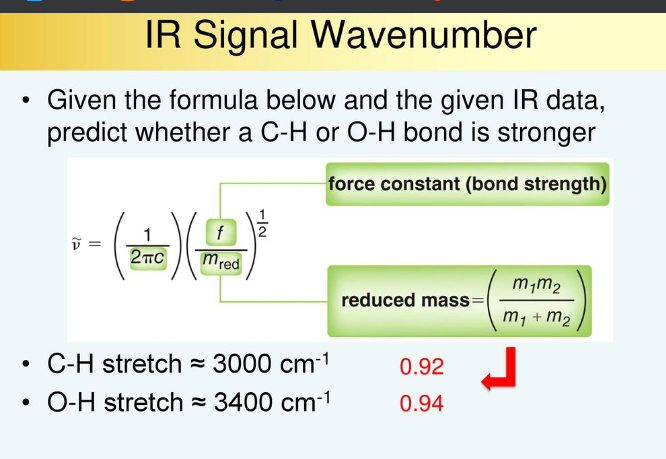 ●
●
IR Signal Wavenumber
Given the formula below and the given IR data,
predict whether a C-H or O-H bond is stronger
force constant (bond strength)
12
5)
2пс
f
mred
C-H stretch
3000 cm-1
O-H stretch 3400 cm-¹
reduced mass=
0.92
0.94
m₁m₂
m₁ + m₂