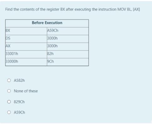 Find the contents of the register BX after executing the instruction MOV BL, [AX]
Before Execution
A59CH
BX
DS
3000h
AX
3000h
33001h
82h
33000h
9Ch
O A582h
O None of these
O 829Ch
A59CH

