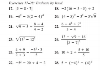 Exercises 17-28: Evaluate by hand.
17. |5 - 8 - 7|
18. -2(16 – 3 · 5) + 2
19. -6 - 3(2 – 4)ʻ
20. (4 – 5)² – 3² – 3V5
21. V9 – 5 –
8 - 4
6 - 4? + 2
22.
3- 4
23. V13 – 12
13 - V9 + 16
24.
|5 - 7|2
4 + 9
25.
-3.3
5 + 10
26. 10 + 2 +
2 + 3
5
27. -5? - 20 + 4 – 2
28. 5 - (-4)' – (4)³
