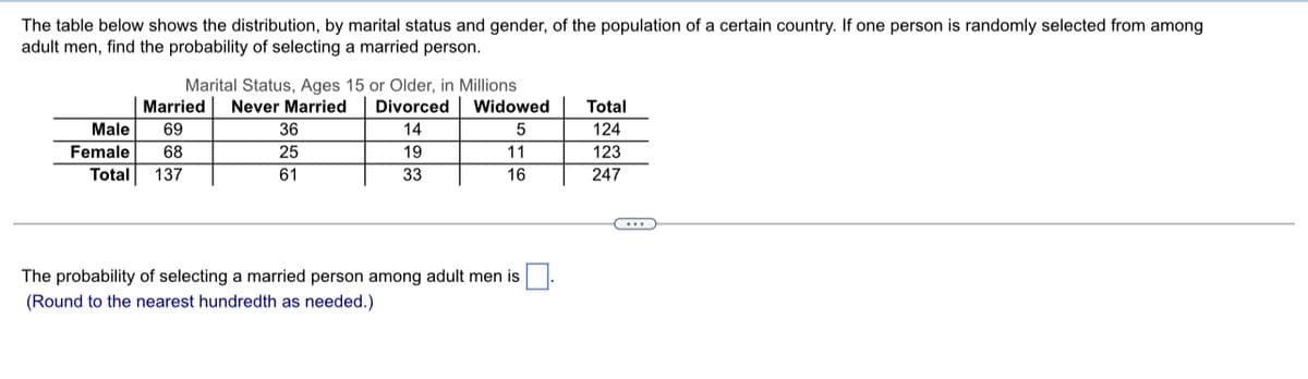 The table below shows the distribution, by marital status and gender, of the population of a certain country. If one person is randomly selected from among
adult men, find the probability of selecting a married person.
Marital Status, Ages 15 or Older, in Millions
Never Married Divorced
36
Widowed
Married
Male 69
Female 68
Total
14
5
124
25
19
11
123
Total 137
61
33
16
247
The probability of selecting a married person among adult men is
(Round to the nearest hundredth as needed.)