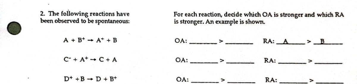 2. The following reactions have
been observed to be spontaneous:
For each reaction, decide which OA is stronger and which RA
is stronger. An example is shown.
A + B+ + A* + B
OA:
RA:A >
C* + A+ - C + A
OA:
RA:
D+ +B + D + B+
OA:
RA:
