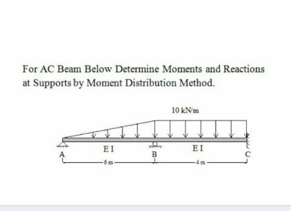 For AC Beam Below Determine Moments and Reactions
at Supports by Moment Distribution Method.
10 kNm
EI
EI
B
-6 m-
