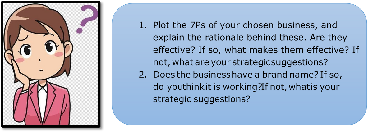1. Plot the 7Ps of your chosen business, and
explain the rationale behind these. Are they
effective? If so, what makes them effective? If
not, what are your strategicsuggestions?
2. Doesthe businesshave a brand name? If so,
do youthinkit is working?If not, whatis your
strategic suggestions?
